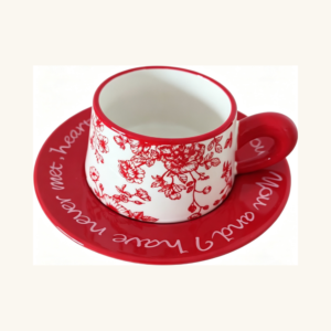 Set retro de ceașcă și farfuriuță din ceramică cu imprimeu floral roșu-alb