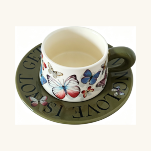 Set retro de ceașcă și farfuriuță din ceramică cu imprimeu fluturi (Farfuriuță Verde Închis)