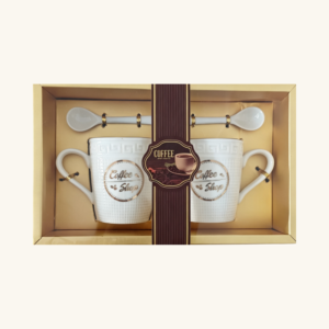 Set cadou retro de căni din ceramică pentru cupluri, cu lingurițe (2 piese)