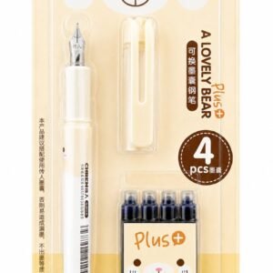 Set stilou cu ursuleț - Galben crem / Cerneală albastră