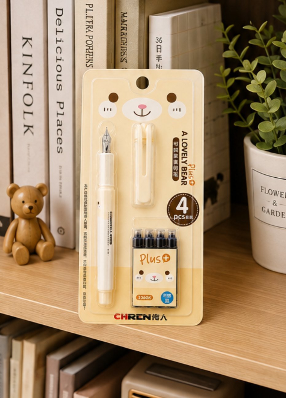 Set stilou cu ursuleț - Galben crem / Cerneală albastră - imagine 3
