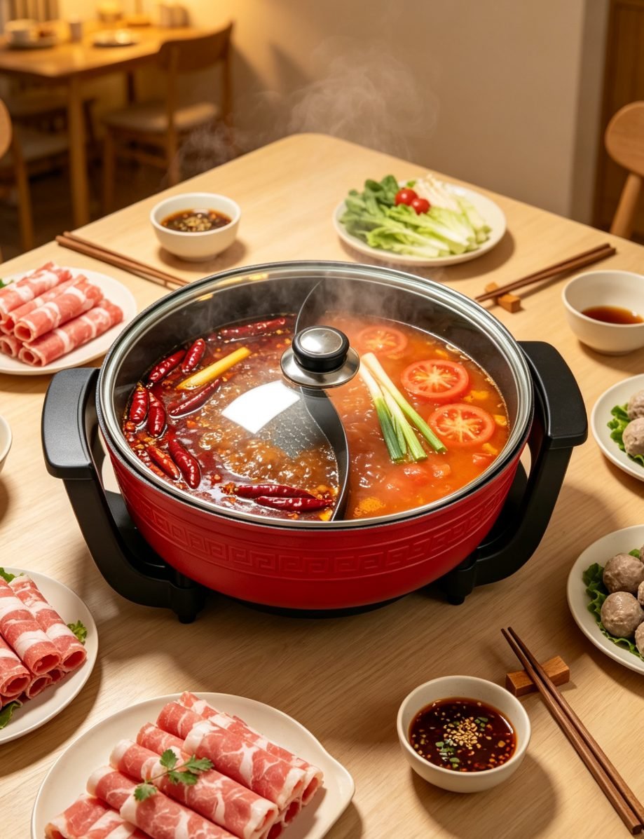 Oală electrică roșie Hot Pot cu două compartimente - imaginea 3