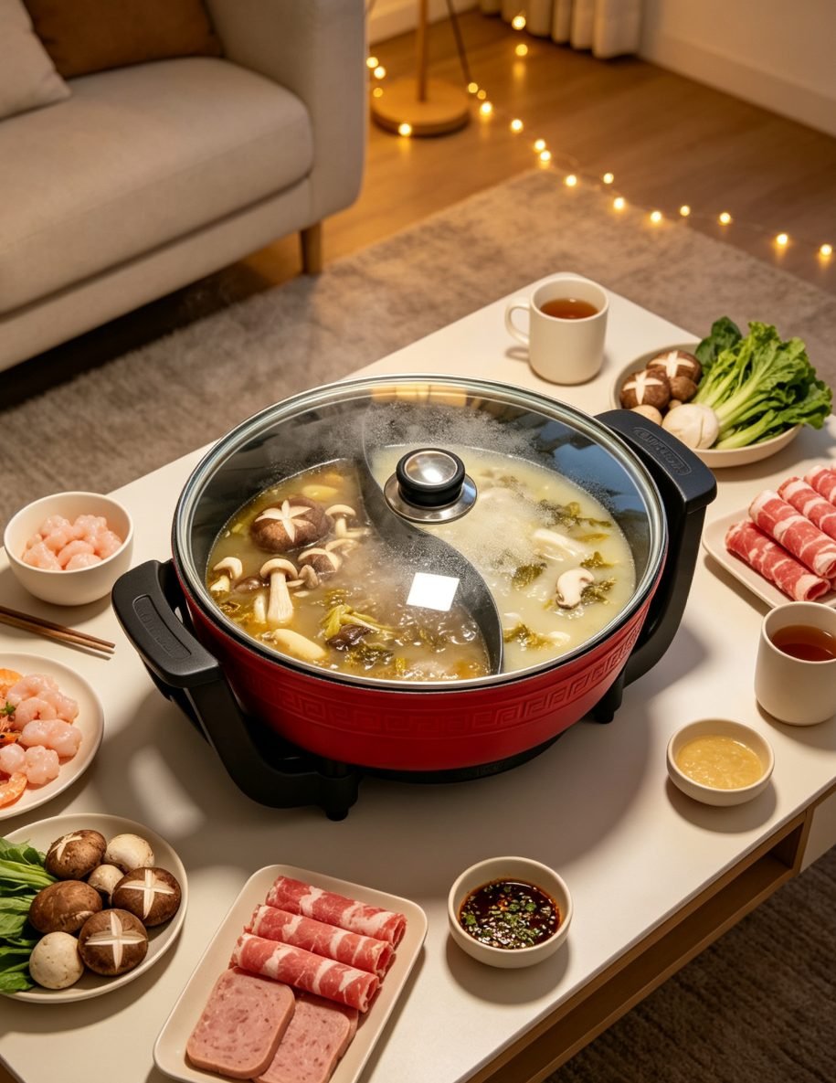 Oală electrică roșie Hot Pot cu două compartimente - imaginea 4