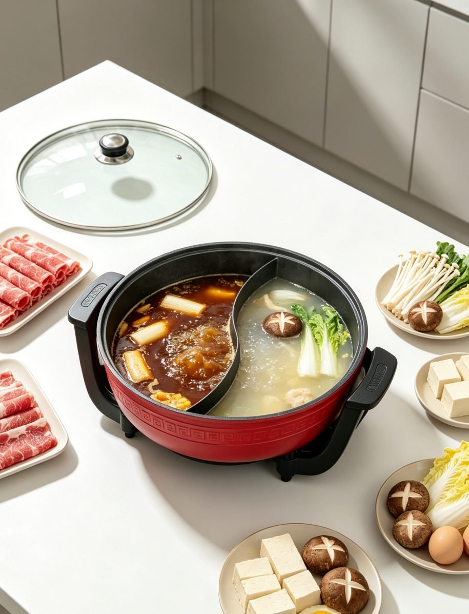 Oală electrică roșie Hot Pot cu două compartimente - imaginea 5