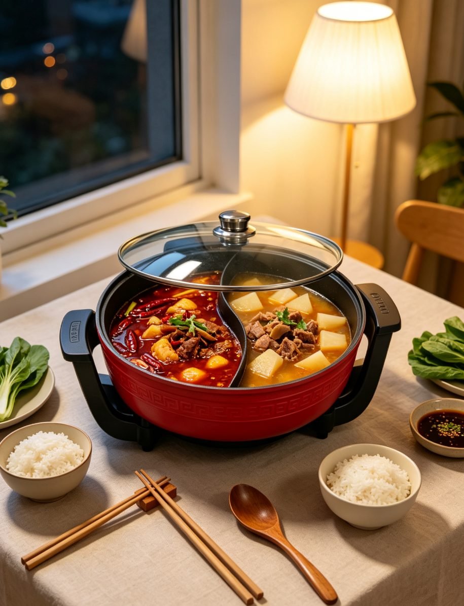 Oală electrică roșie Hot Pot cu două compartimente - imaginea 6