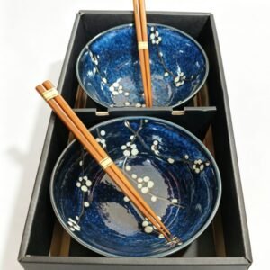 Set 2 boluri ceramice japoneze albastre cu flori de prun - imaginea 1
