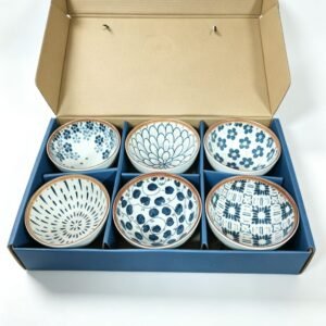 Set 6 boluri mici din ceramică alb-albastră, stil japonez - imaginea 1