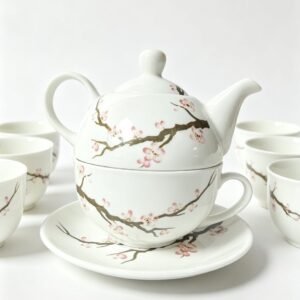 Set ceramic individual pentru ceai cu flori de prun 400ml - imaginea 1
